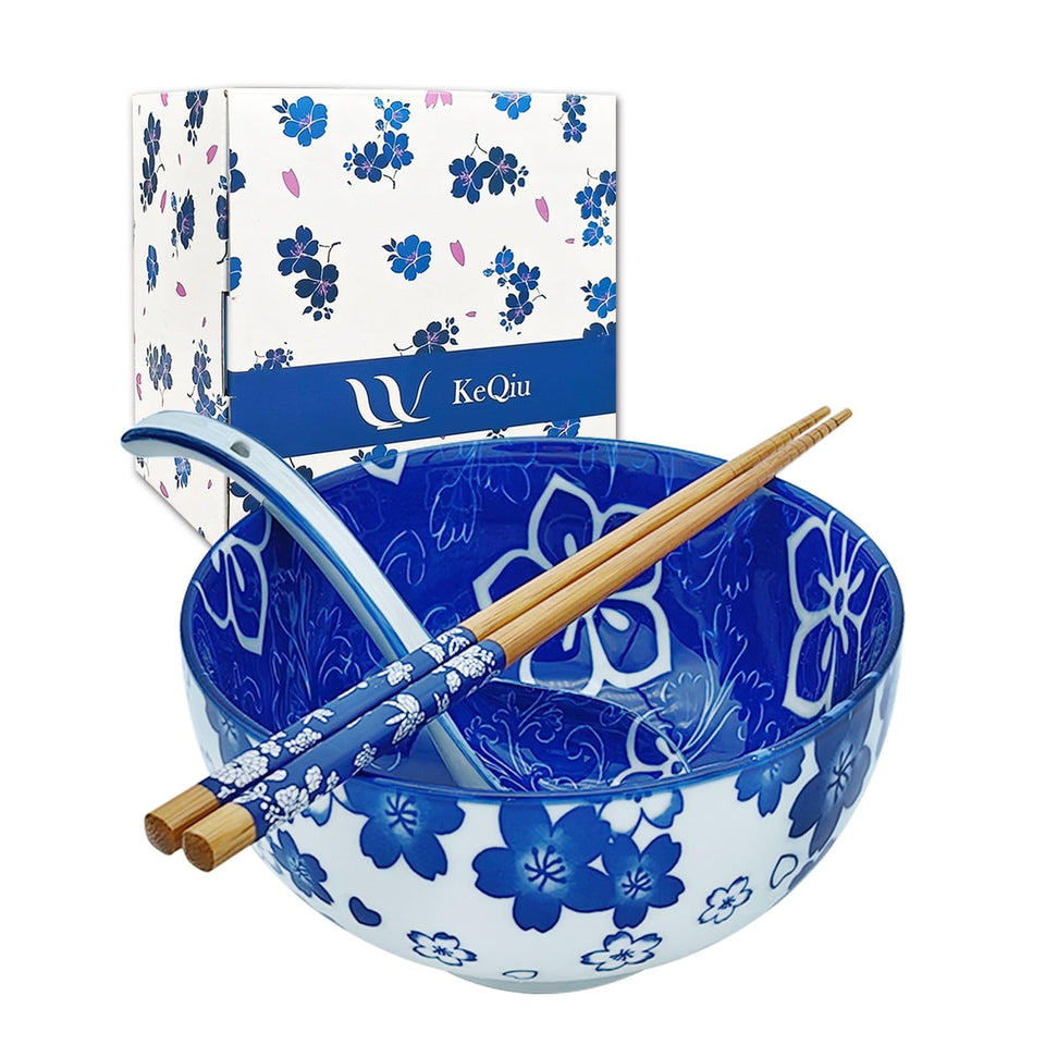 KeQiu 28 oz ceramic ramen bowl set with chopsticks and spoon for family meals
