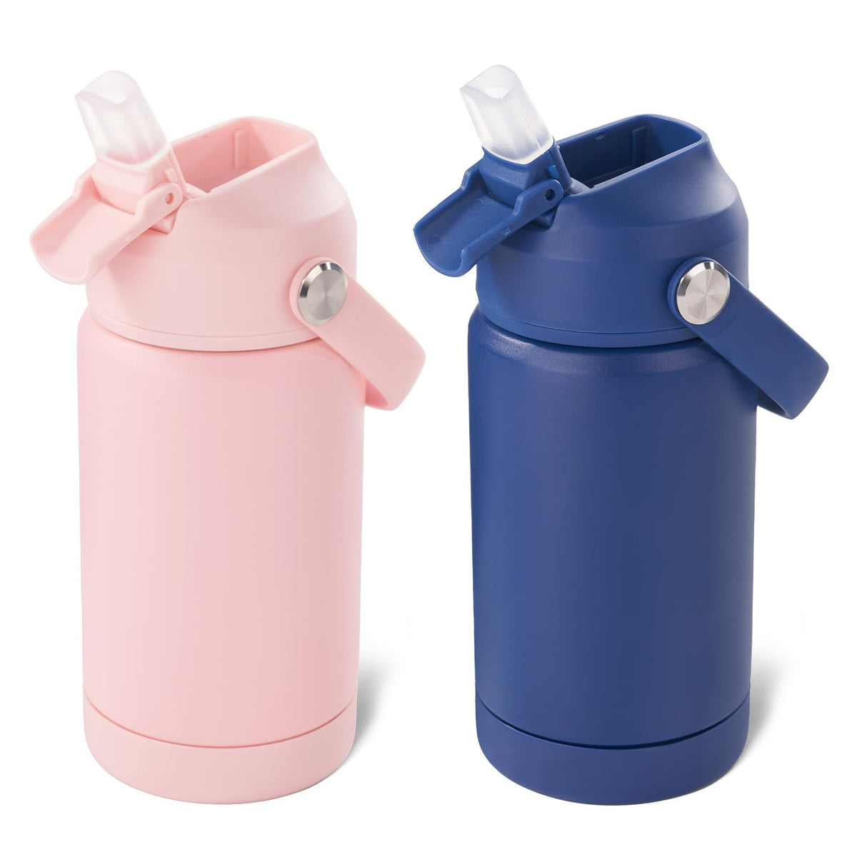 Kerilyn 12oz kids water bottle in blue and pink, ideal for school and travel.