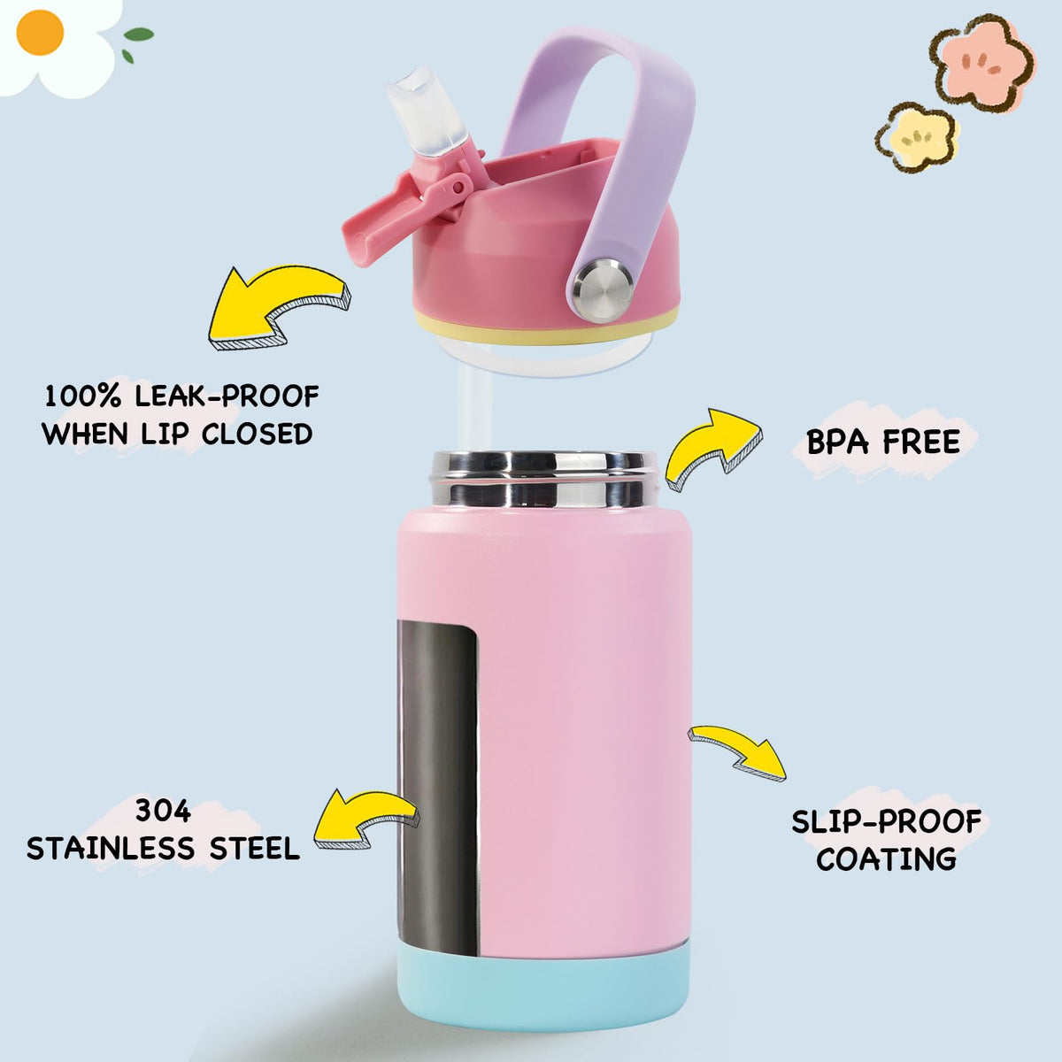 Kerilyn 12oz kids bottle charm pink with color coating for outdoor play
