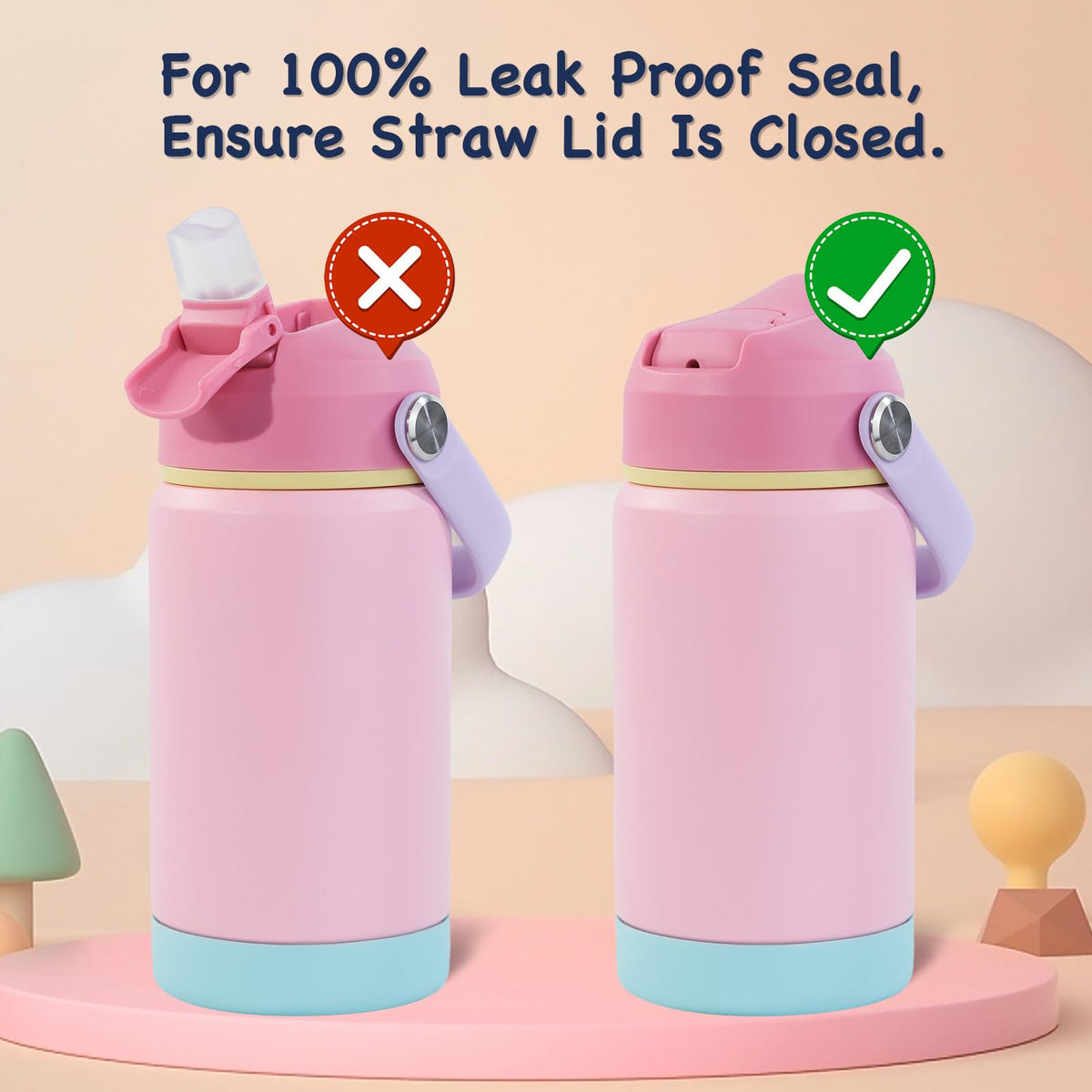 Kerilyn 12oz kids bottle close-lid leak-proof design prevents spills at school.