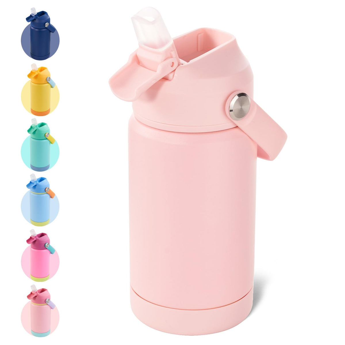 Kerilyn 12oz kids bottle with pink lid for on-the-go hydration.