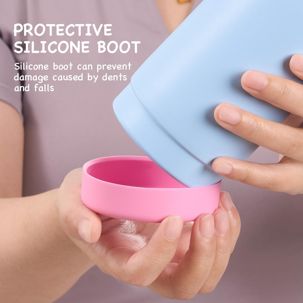 Kerilyn Cerulean bottle with silicone base pad travels safely and protects surfaces.