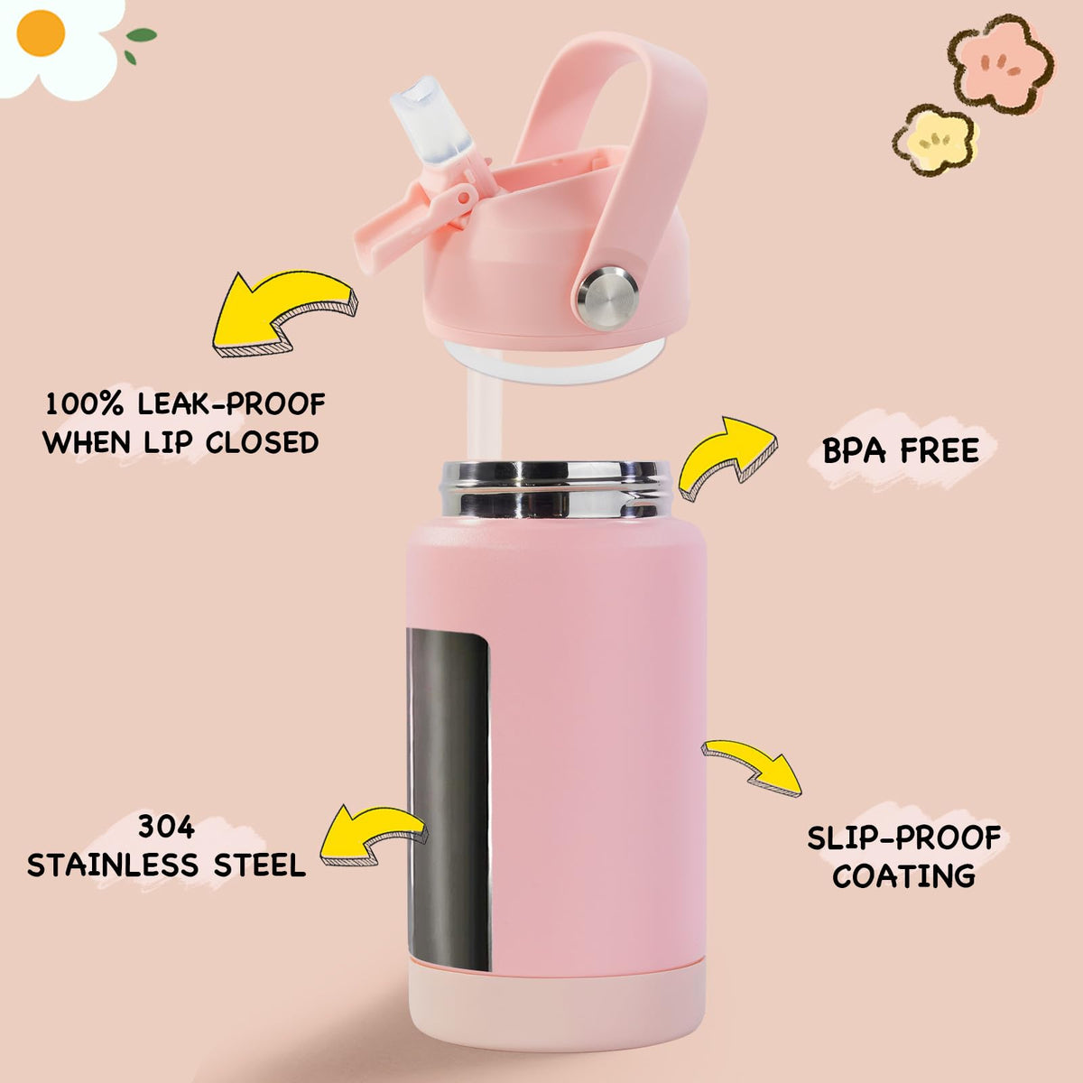 Kerilyn insulated stainless steel bottle with kid-friendly lid, easy 180° rotation for quick sips.
