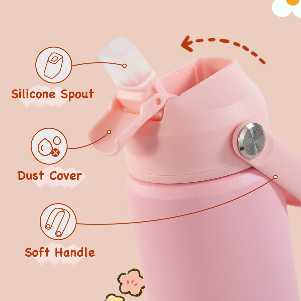 Kerilyn leak-proof kids bottle with 180-degree strap lid prevents spills.