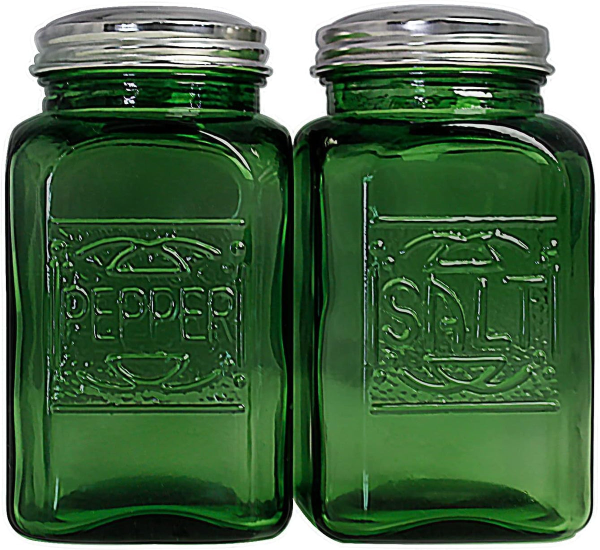 Kerixi vintage salt shaker in green glass, front view, stylish centerpiece for table setting.