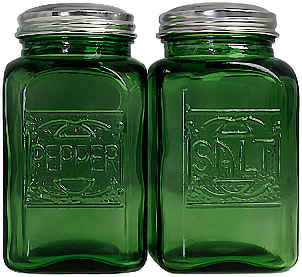 Kerixi vintage salt shaker in green glass, front view, stylish centerpiece for table setting.