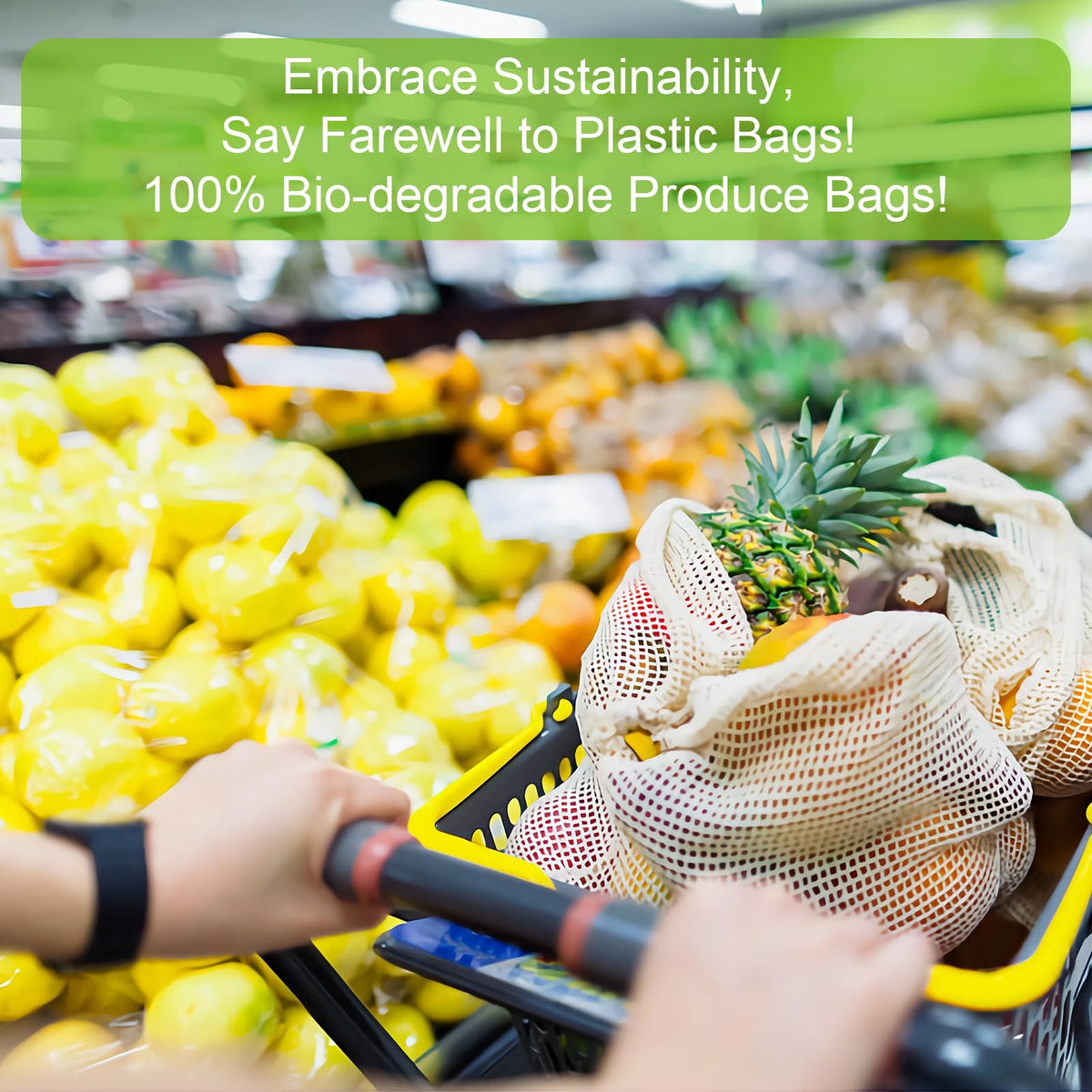 Reusable KerKoor bags for vegetables and fruits reduce single-use waste.