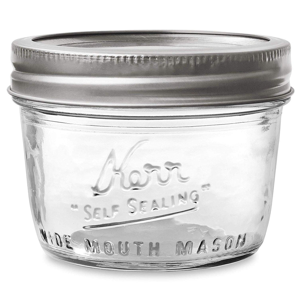 Kerr wide-mouth half-pint jar open-mouth view shows easy filling and cleaning.