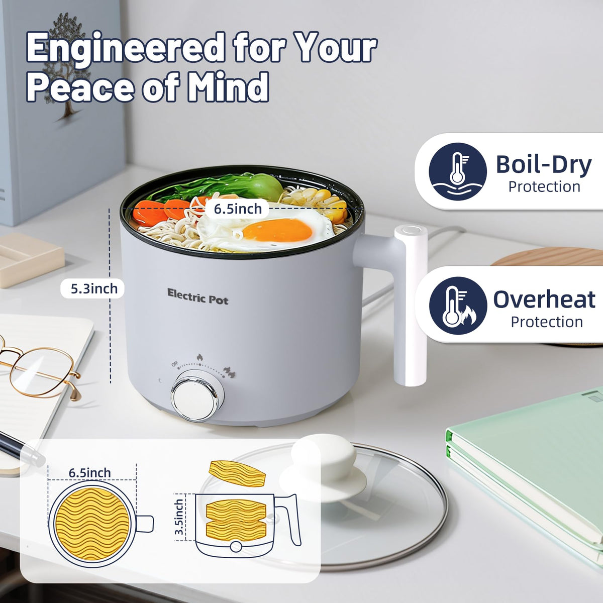 KERZION Electric Hot Pot fits into small dorm kitchens, lightweight and space-saving.