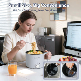 KERZION Electric Hot Pot shown in compact setup for travel and dorm storage.