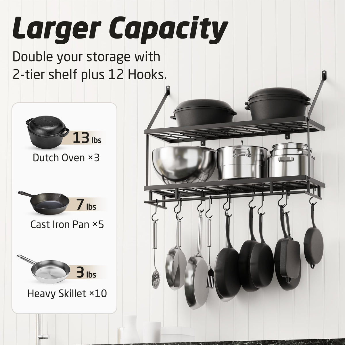 KES pot rack with 12 hooks for utensils and pans for quick access.