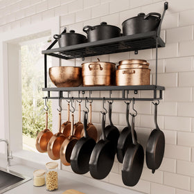 KES 30-inch pot rack grid shelf keeps pots organized and within easy reach.
