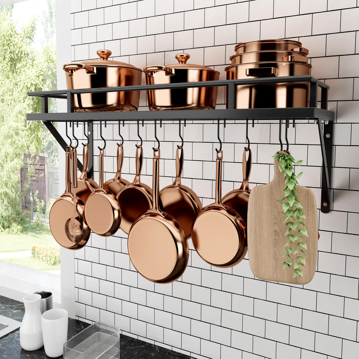 KES 30-Inch wall-mounted pan rack organizes cookware for easy access