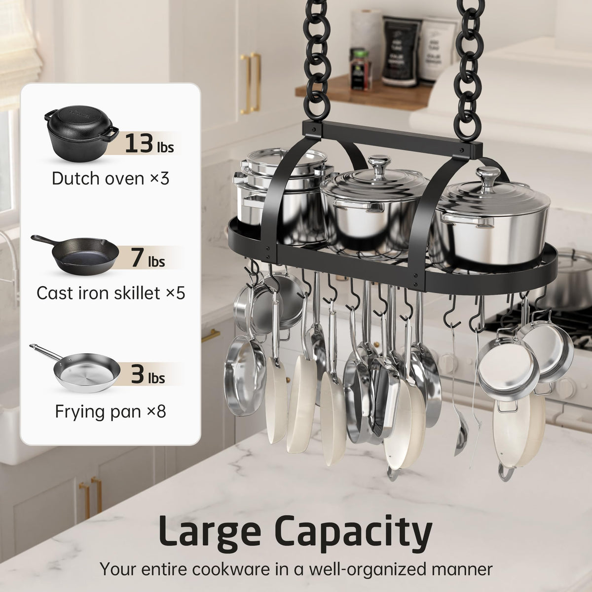 KES pot rack with twenty hooks keeps cookware within easy reach