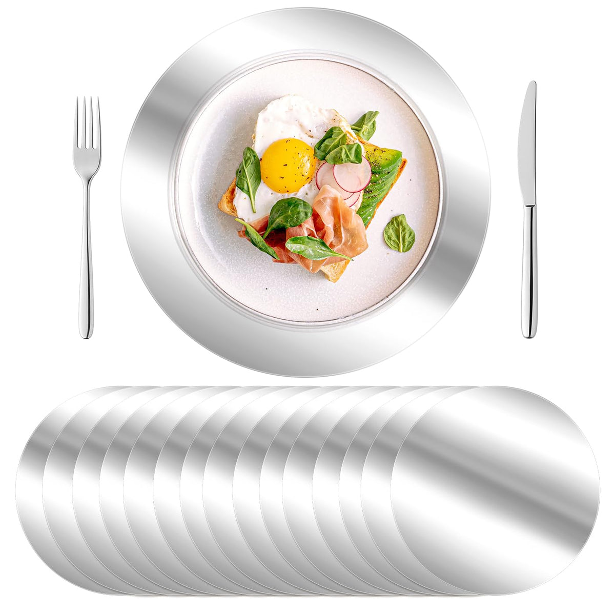 KesaPlan round silver placemat on table, adds sparkle and protects surfaces.