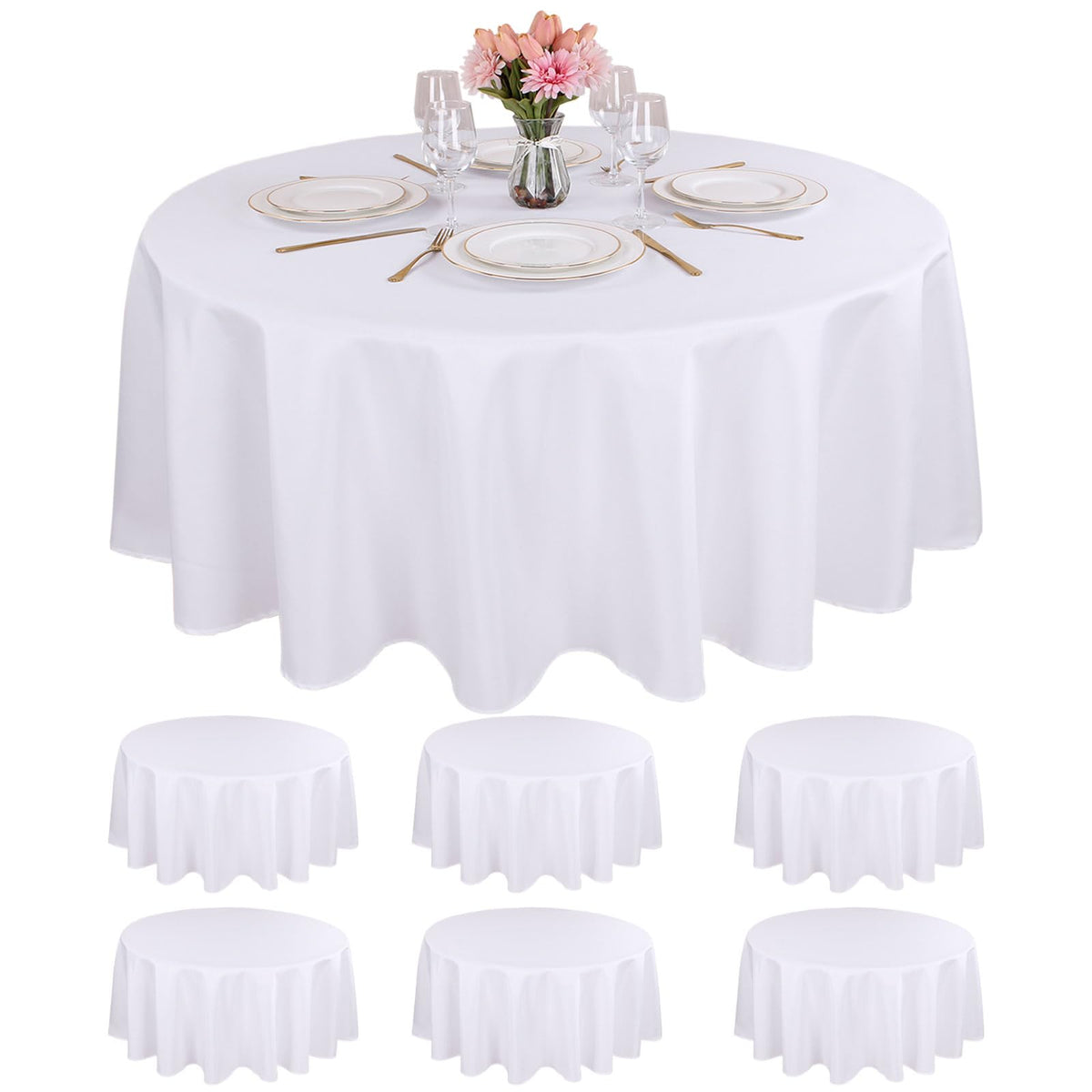 Kesfey 6-pack round tablecloths in white packaging for easy event prep and storage.