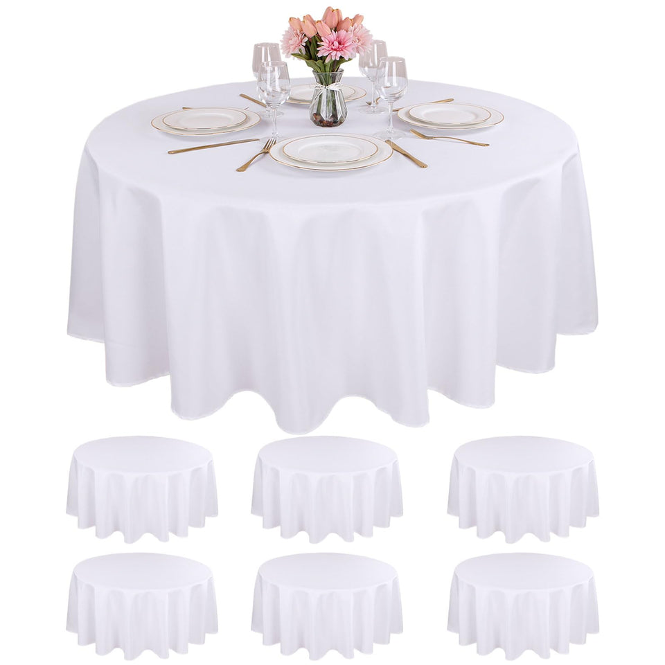 Kesfey 6-pack round tablecloths in white packaging for easy event prep and storage.
