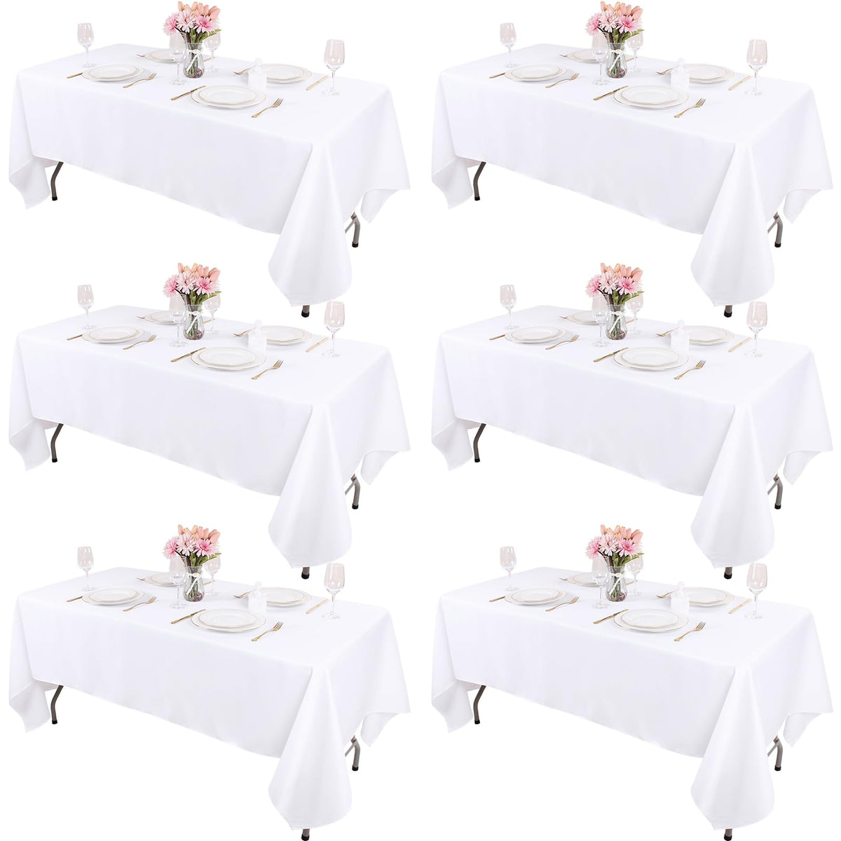 Kesfey 6-pack white tablecloths on a dining table, ready for a dinner party.