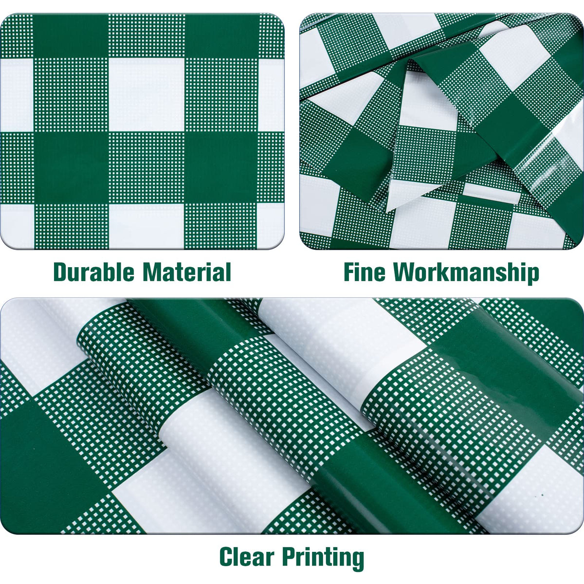 Kesfey green-white gingham close-up shows durable PE material for parties.