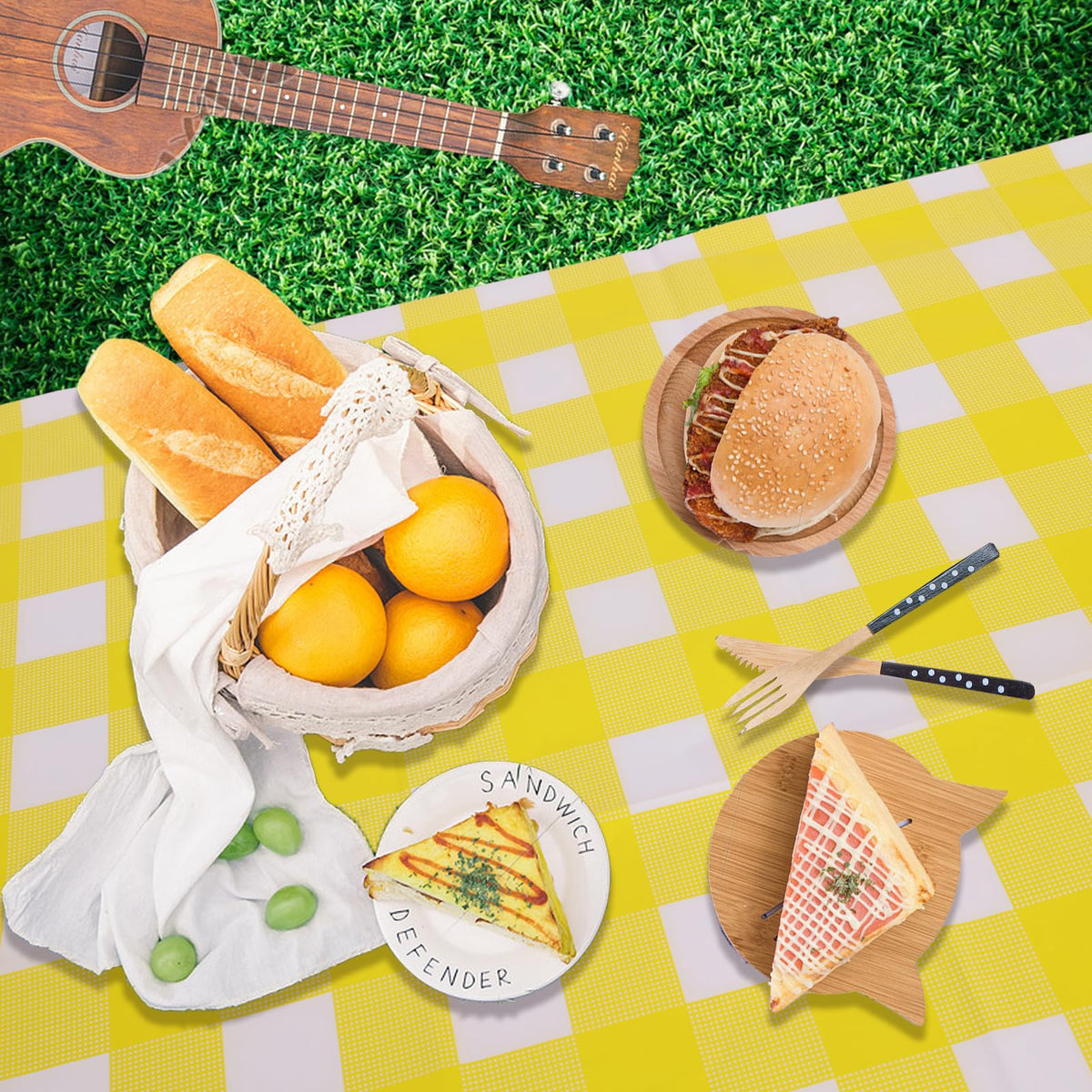 Kesfey yellow gingham rectangle tablecover, simple cleanup after events.
