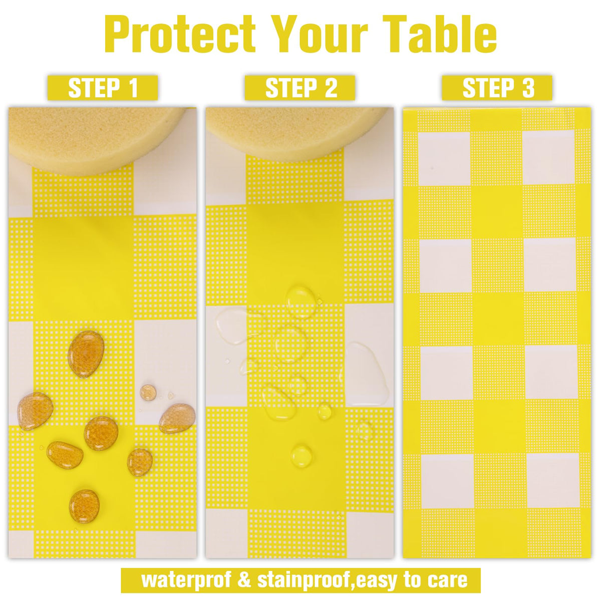 Kesfey picnic table cover in yellow gingham for festive backyard gatherings.