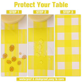 Kesfey picnic table cover in yellow gingham for festive backyard gatherings.