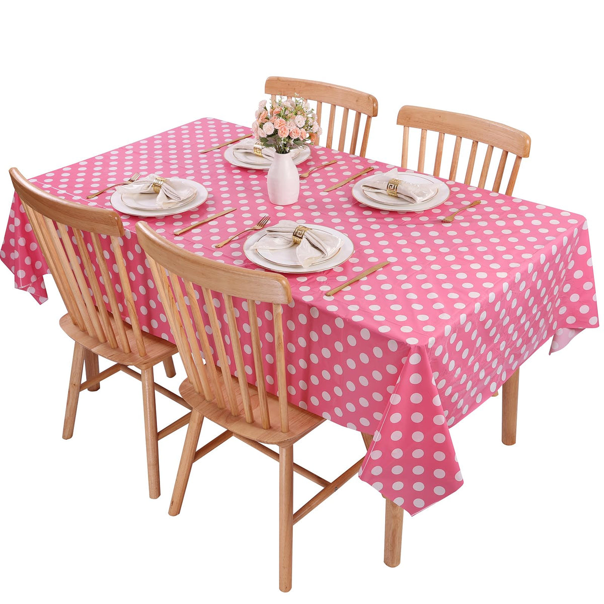 Kesfey pink and white polka-dot tablecloth ideal for easy setup.