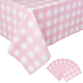 Kesfey pink and white checkered tablecover on full table for outdoor dining