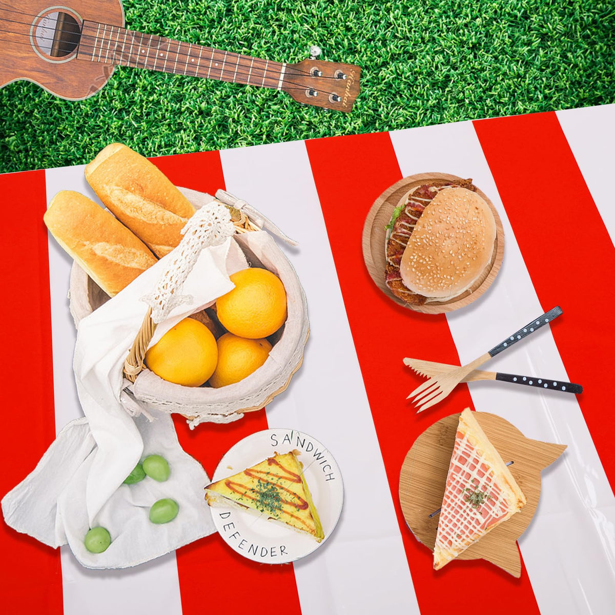 Kesfey red geometric striped table cover coordinates with flags and decor.