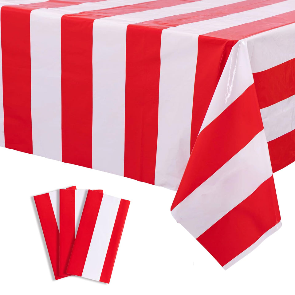Kesfey red and white striped tablecloth for festive party decor and quick cleanup.