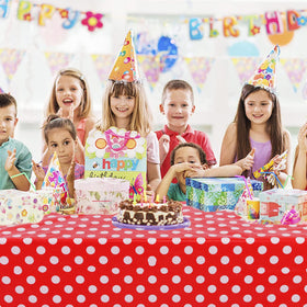Kesfey wall backdrop using polka-dot tablecloth for photos