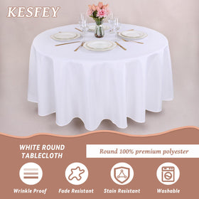 Kesfey white tablecloth 90in provides protective coverage during meals and events.