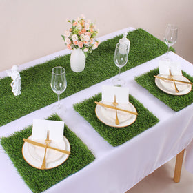 Kesfey grass squares placemats at event setup, ideal for weddings and parties.