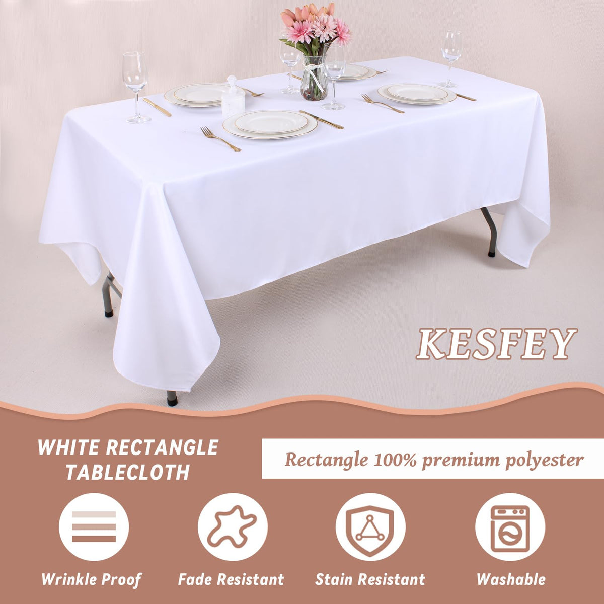 Kesfey white tablecloth on a wedding banquet table for elegant decor.
