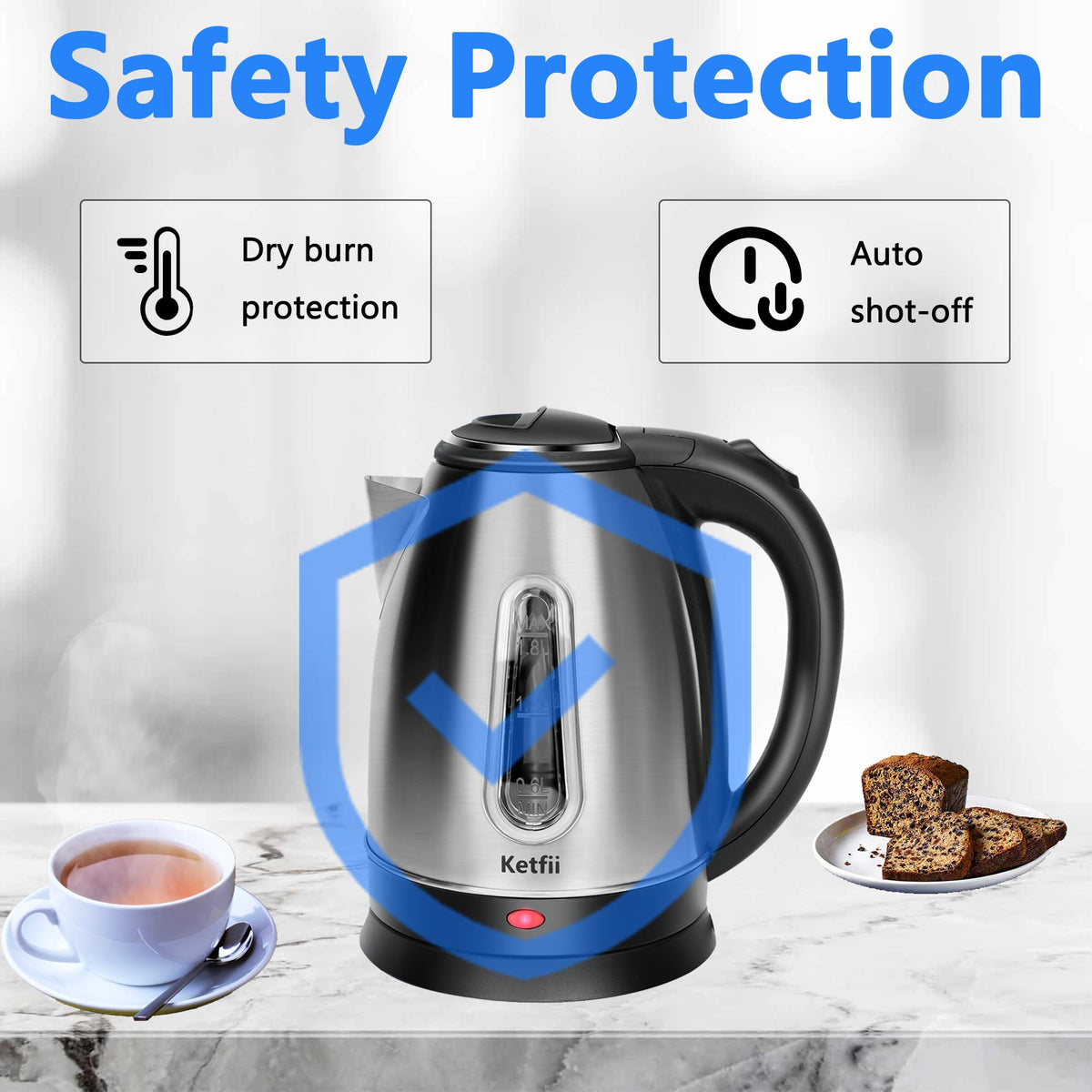 Ketfii kettle with 360 swivel base for easy placement and pouring.