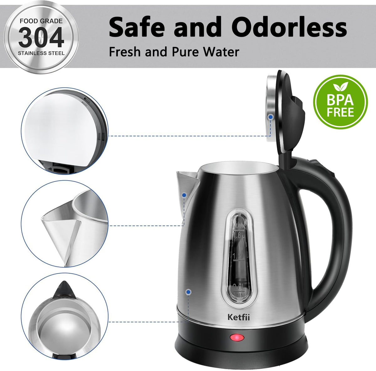 Ketfii boil-dry protection adds safety during unattended heating.