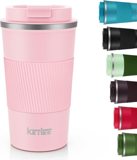 KETIEE 12oz pink travel mug with leakproof lid for spill-free transport.