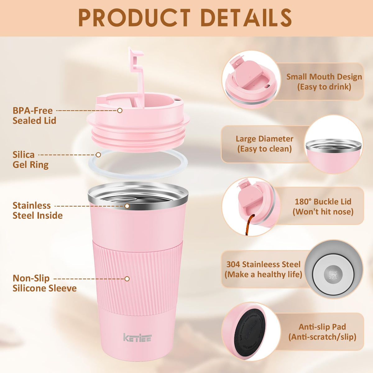 KETIEE cupholder-friendly mug fits most car cupholders securely.