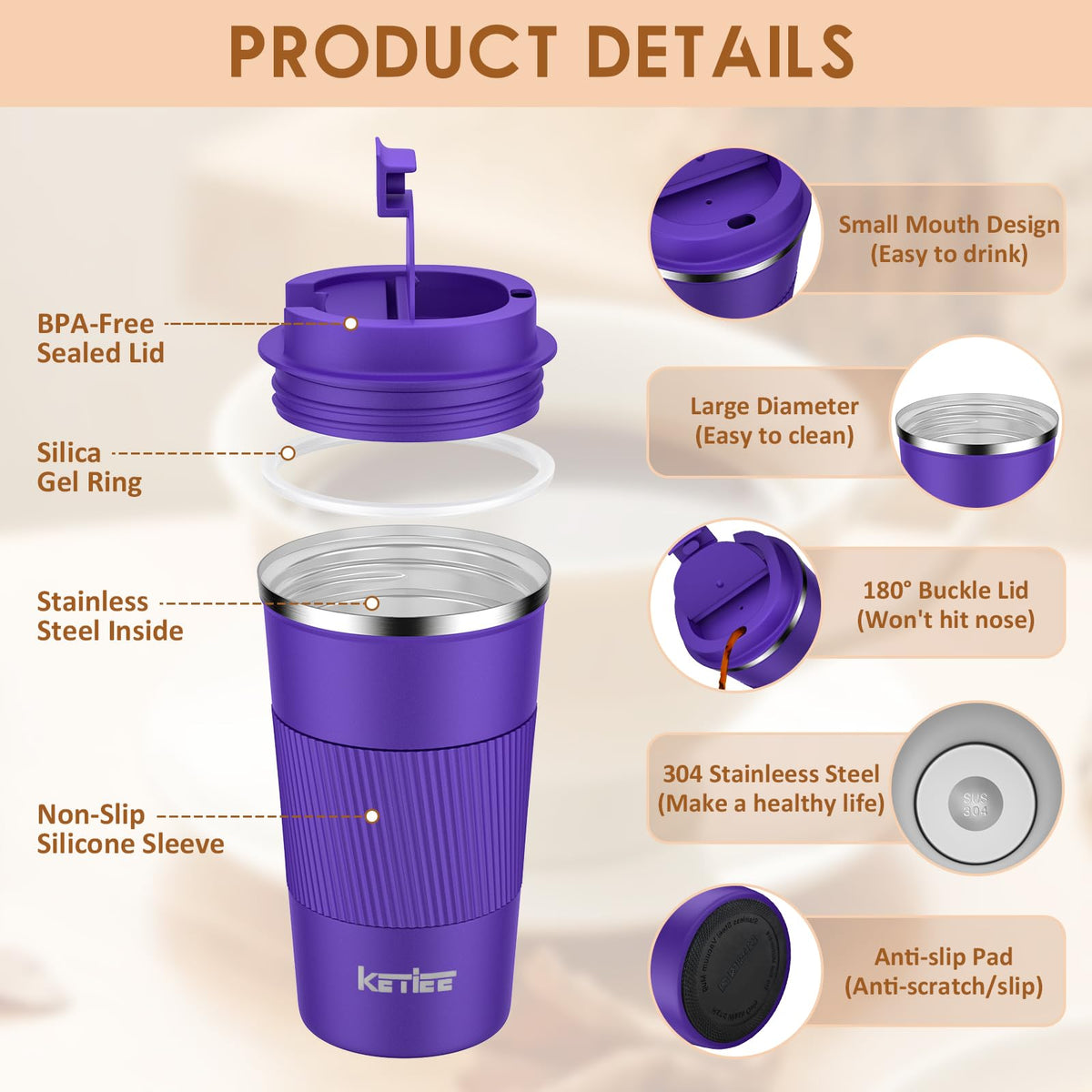 KETIEE portable travel mug with compact design for easy carrying.