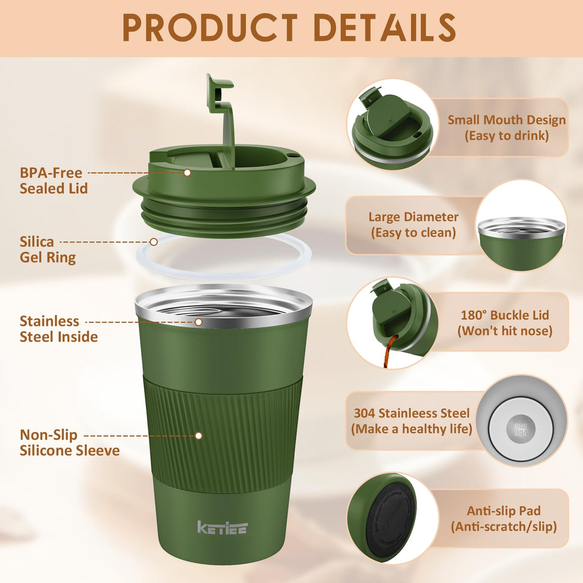 KETIEE vacuum insulated stainless steel interior preserves temperature.