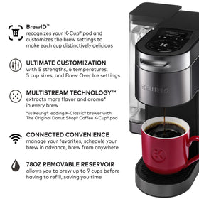Keurig black stainless steel wrap adds premium look to the brewer.