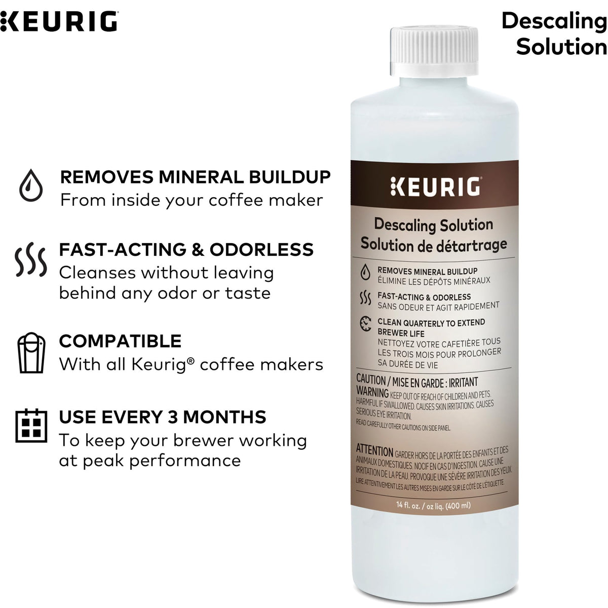 Keurig descaling solution bottle close-up highlights mineral-removal capability for better performance.