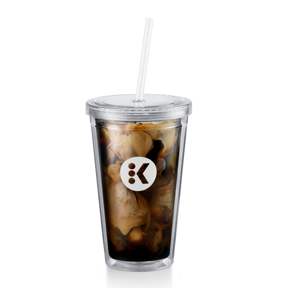 Keurig Iced Tumbler showing 16oz capacity ideal for cold beverages on the go.