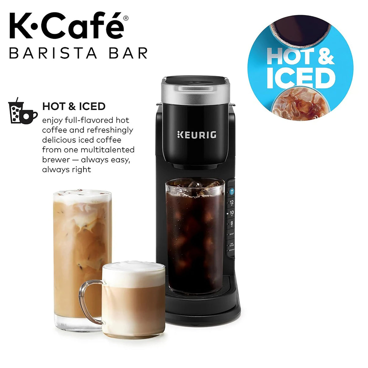 Keurig K-Café Barista Bar three cup sizes for tailored servings.