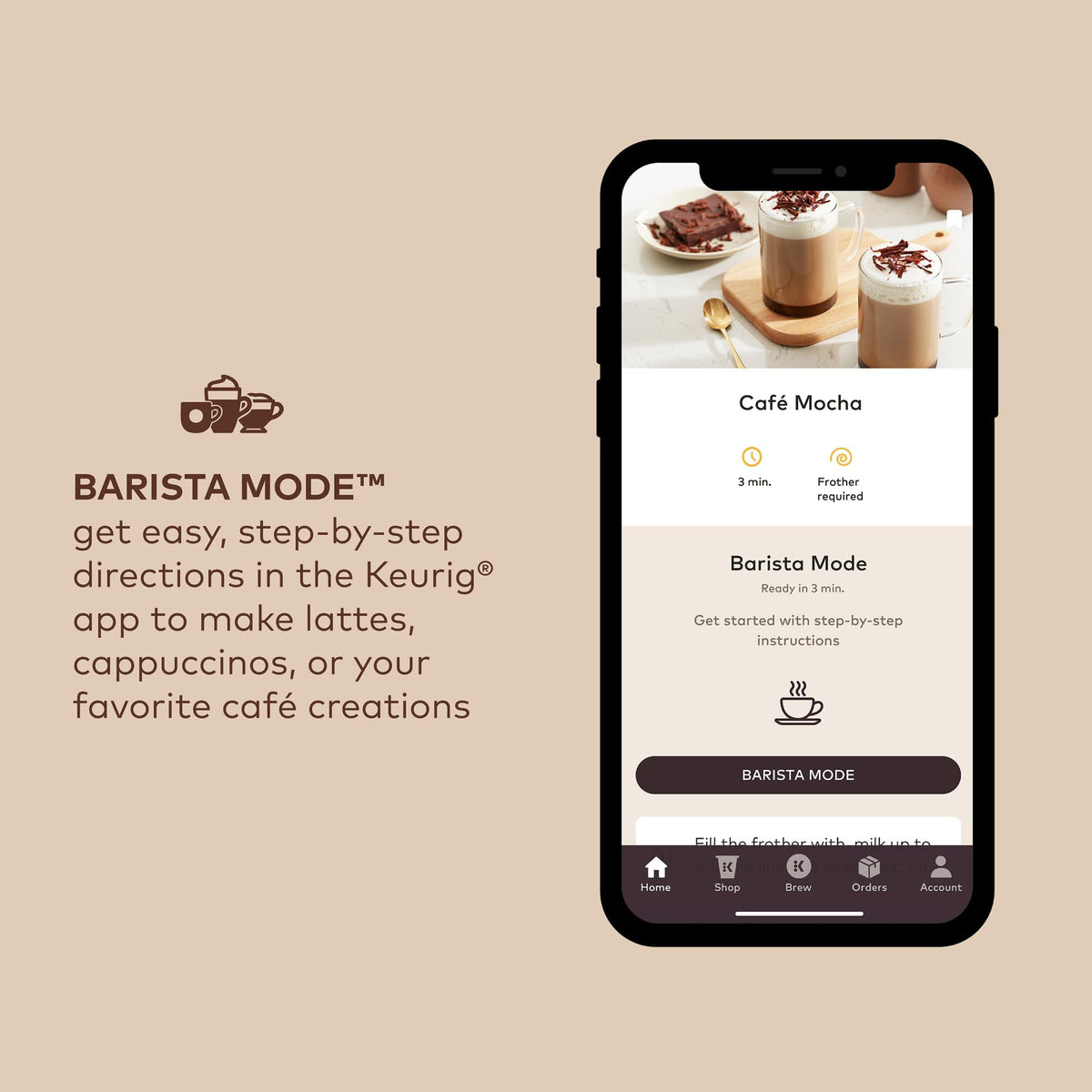 Barista Mode interface on the Keurig app guiding coffeehouse-style recipes.