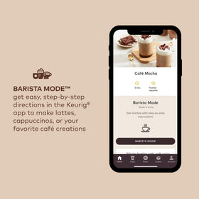 Barista Mode interface on the Keurig app guiding coffeehouse-style recipes.
