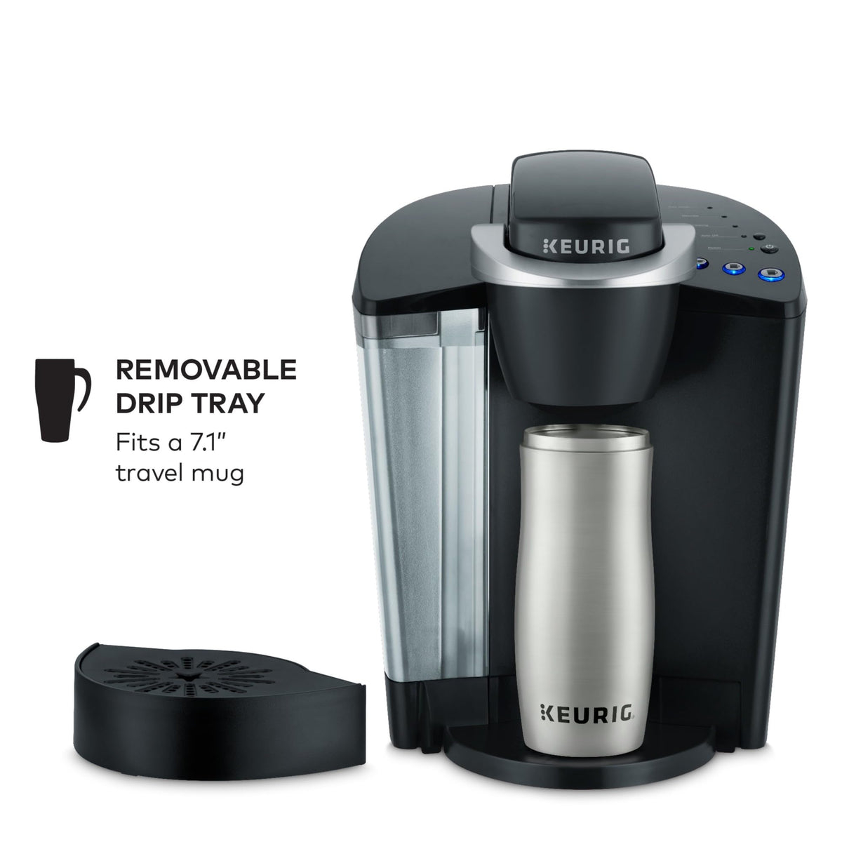 Keurig K-Classic cup with coffee emphasizes convenient, ready-to-drink beverages.