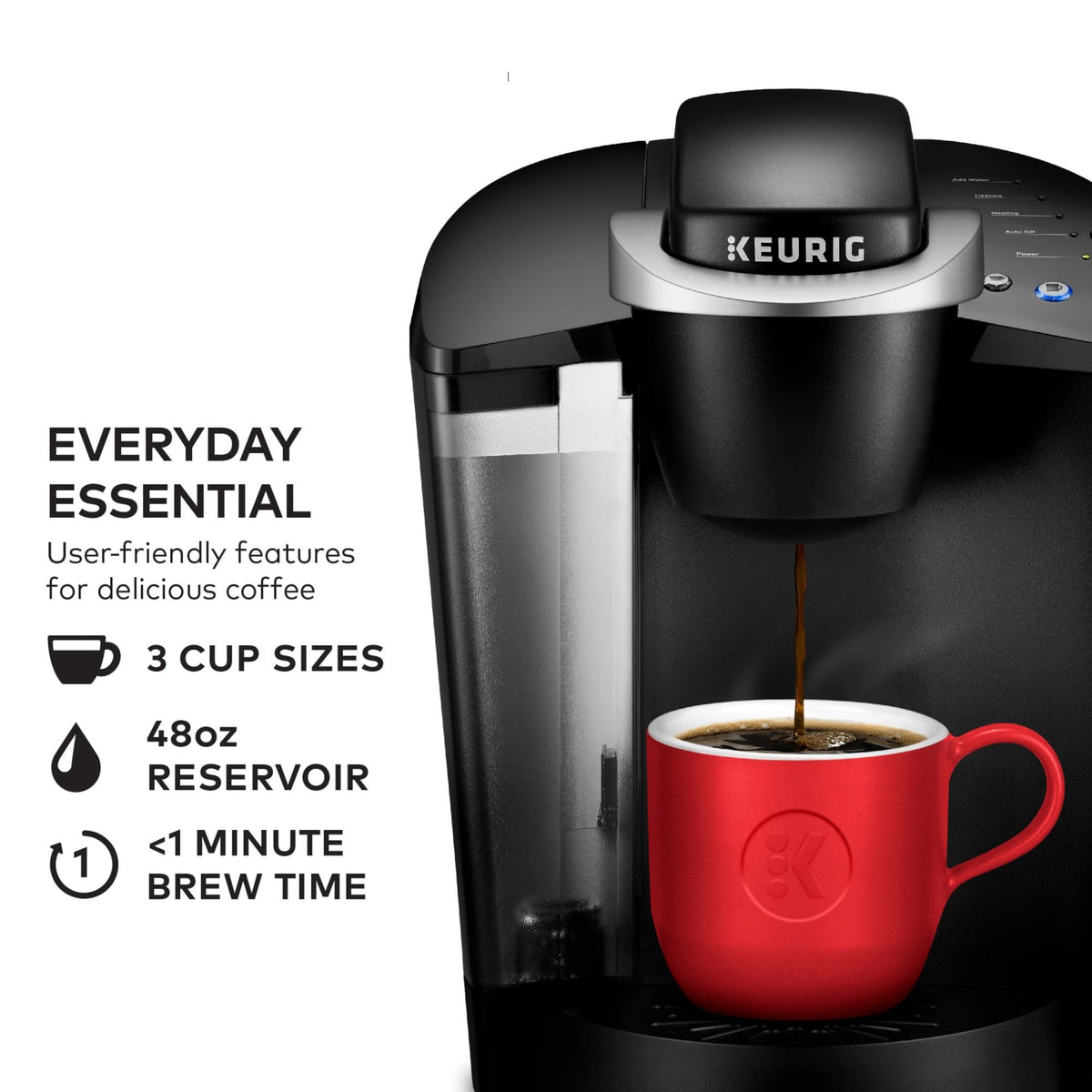 Keurig K-Classic pod insertion demonstrates quick, easy setup for busy weekday mornings.