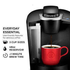 Keurig K-Classic pod insertion demonstrates quick, easy setup for busy weekday mornings.