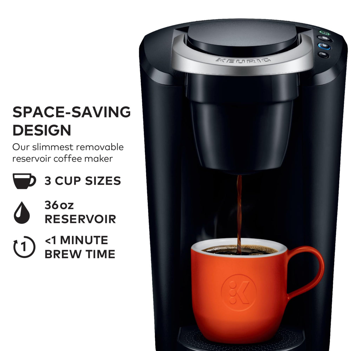 Keurig K-Compact side view highlighting compact footprint for tight spaces
